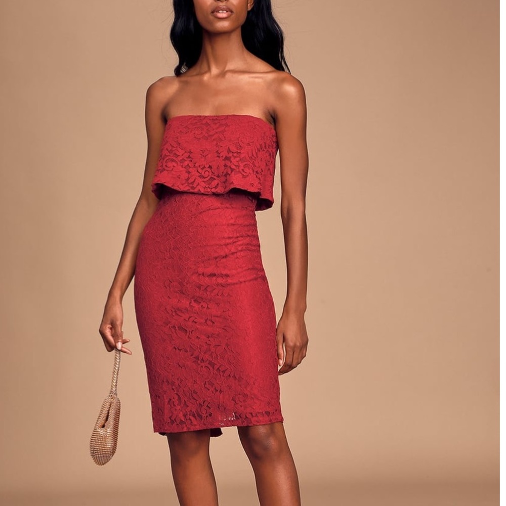 Lulu’s Wine Red Lace Strapless Bodycon Midi Dress